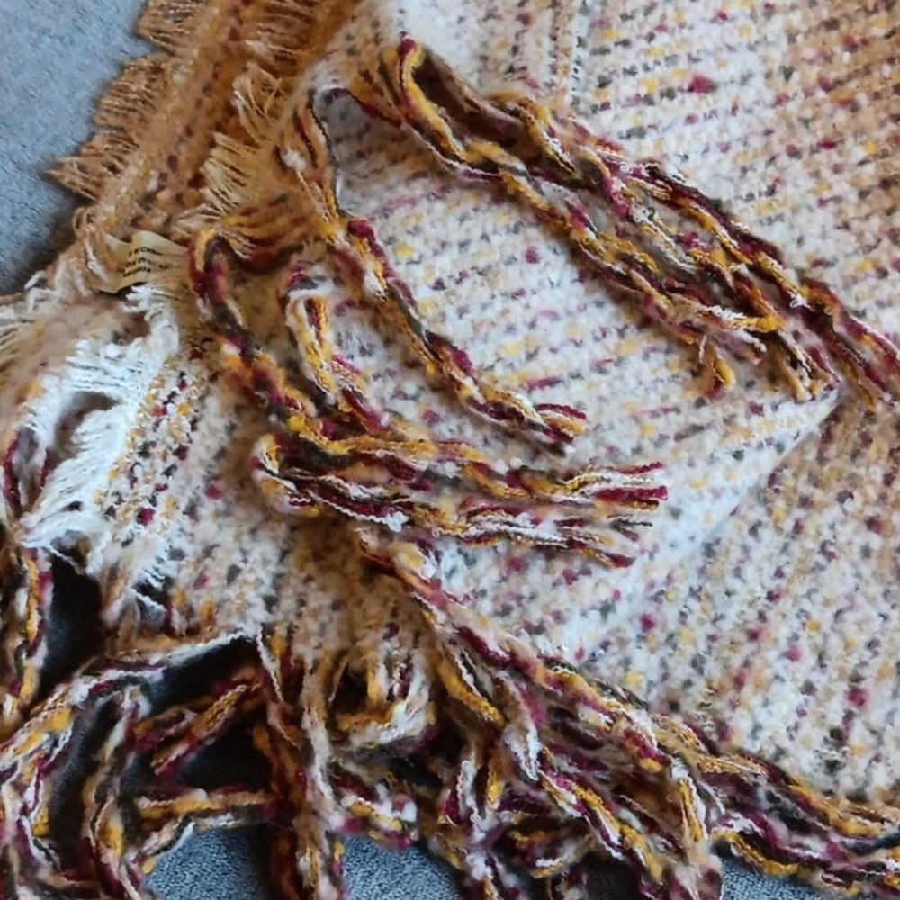 Soft Fringe Poncho By Natural Reflections, Casual Earthy Knit Tan Cream One Size - Picture 7 of 9